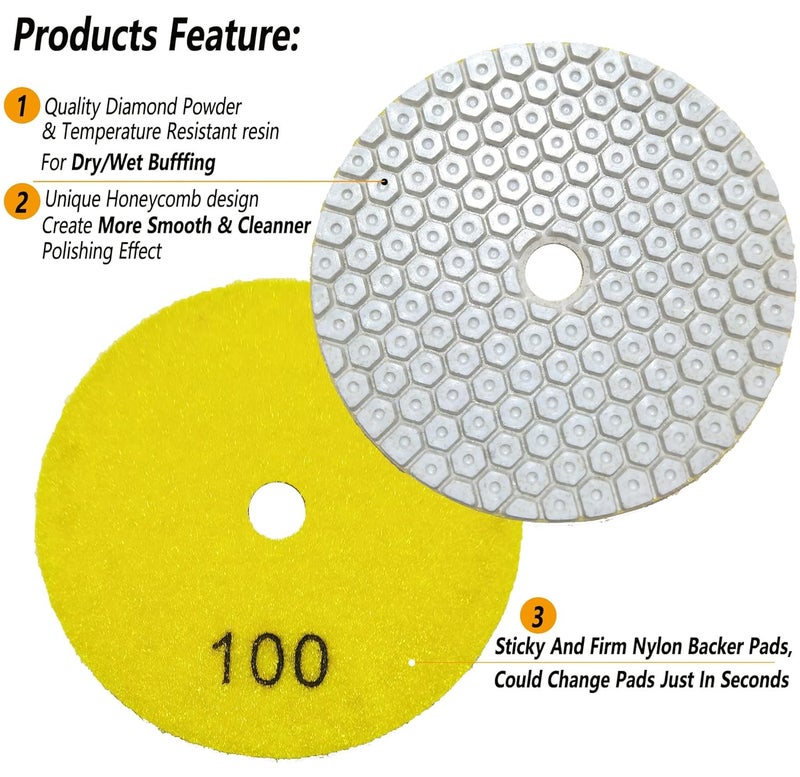ANTENGDATOOL 4 Inch New Model Dry Diamond Polishing Pads Grit 100, 1 Box of 6 Piece Dry/Wet Marble Buffing Pad for Granite Quartz Concrete Stones(Need Water for Hard Tile) - Image 3